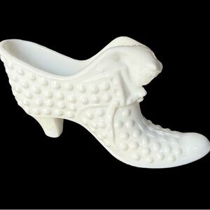 Fenton Hobnail White Milk Glass Shoe Decor w/ Cat Accent